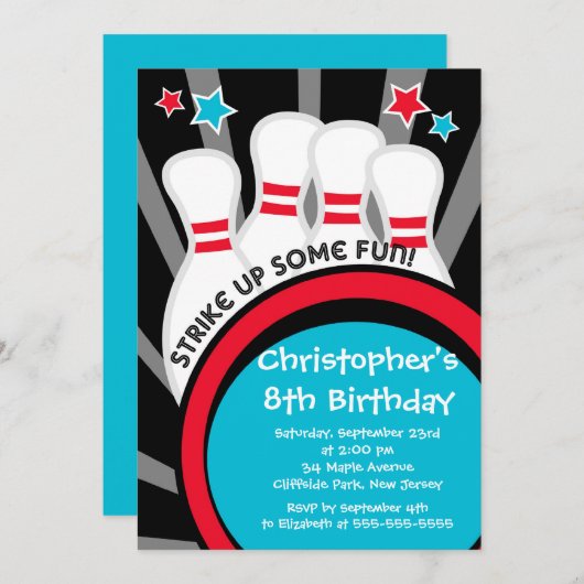 おもしろいのボーリングをする男の子のバースデーパーティ招待状 招待状 (正面/裏面)