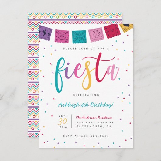 おもしろいのメキシコカラフルな原稿のフェスタの子供の誕生日 インビテーションポストカード (正面/裏面)