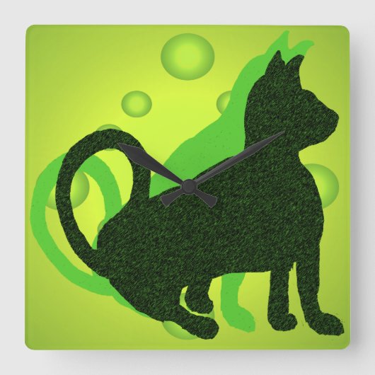 おもしろいのモダンなライムの黒のコンテンポラリーな装飾猫の時計 スクエア壁時計 (正面)
