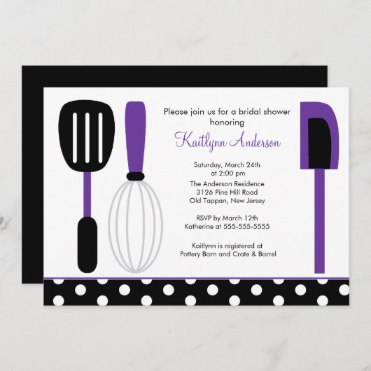 おもしろいのレトロの台所ブライダルシャワーの招待状の紫色 招待状 (正面/裏面)