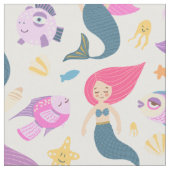 おもしろいの人魚と魚の模様（白） ファブリック (クローズアップ)