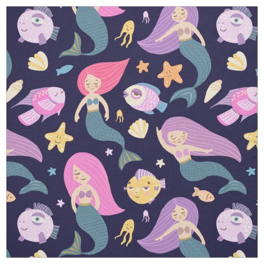 おもしろいの人魚と魚の模様（青） ファブリック (見本)