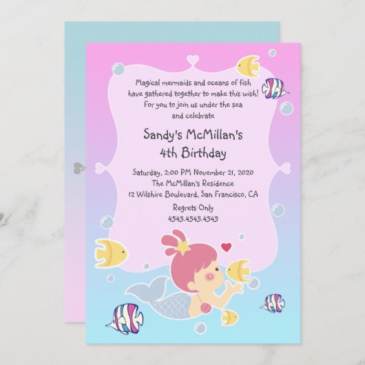 おもしろいの人魚の誕生日のパーティの招待状 招待状 (正面/裏面)