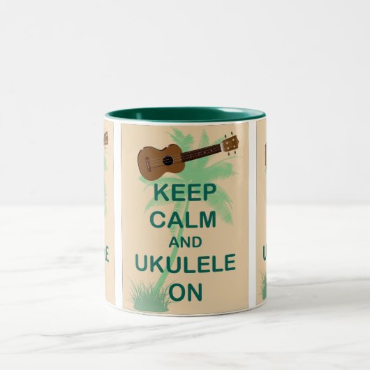 おもしろいの元のプリントの平静そしてウクレレを保って下さい ツートーンマグカップ (中央)