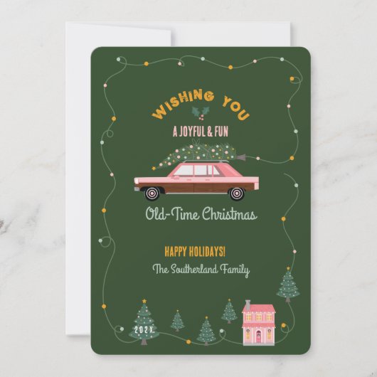 おもしろいの古いクリスマスピンクのレトロ車のツリー写真 シーズンカード (正面)