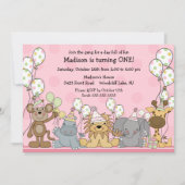 おもしろいの女の子のサファリ動物の誕生日 招待状 (正面)