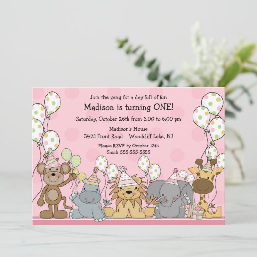 おもしろいの女の子のサファリ動物の誕生日 招待状 (スタンド正面)