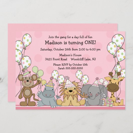 おもしろいの女の子のサファリ動物の誕生日 招待状 (正面/裏面)