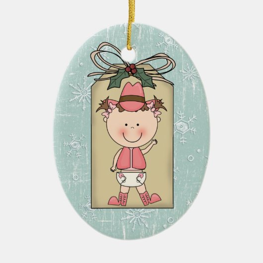 おもしろいの女の赤ちゃんの幼児の子供の女性のカーボーイのギフトのラベル セラミックオーナメント (正面)