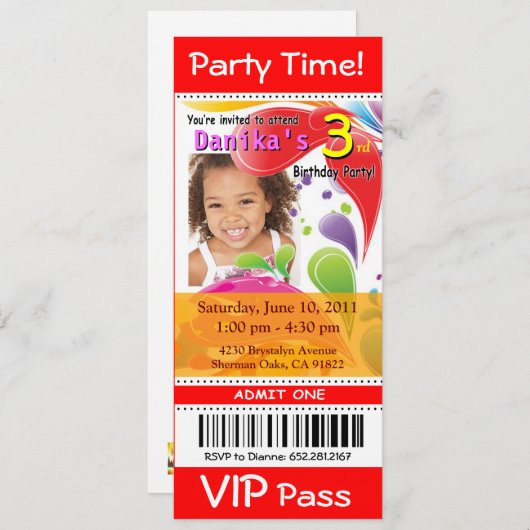 おもしろいの子供VIPのチケットの写真のパーティー(赤い) 招待状 (正面/裏面)