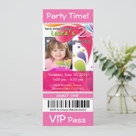 おもしろいの子供VIPのパスのイベントのチケットの写真のパーティー(ピンク) 招待状 (スタンド正面)