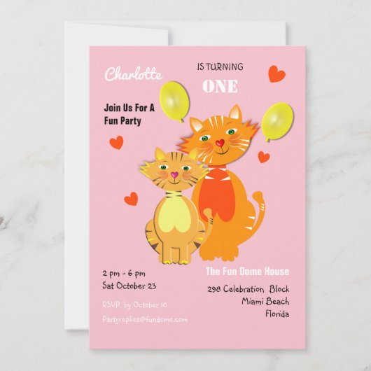 おもしろいの子猫かわいい誕生日パーティー 招待状 (正面)