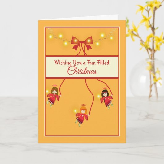 おもしろいの小さな天使で満たされたクリスマスカード カード (黄色い花)