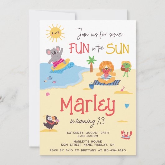 おもしろいの日ビーチ動物の誕生日パーティー任意の年齢 招待状 (正面)