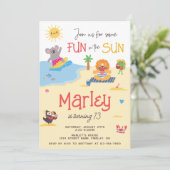 おもしろいの日ビーチ動物の誕生日パーティー任意の年齢 招待状 (スタンド正面)