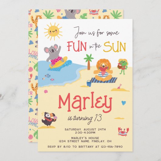 おもしろいの日ビーチ動物の誕生日パーティー任意の年齢 招待状 (正面/裏面)