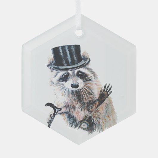 おもしろいの水の色の服を着たラクーン ガラスオーナメント (正面)