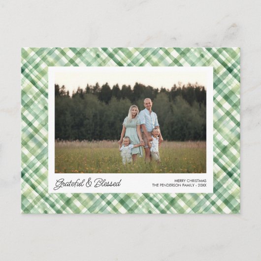 おもしろいの水色の格子模様チェックのクリスマスフォトカスタム シーズンポストカード (正面)