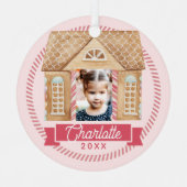 おもしろいの水色ジンジャーブレッドハウス写真キャンディケーン メタルオーナメント (正面)