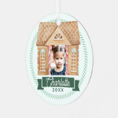 おもしろいの水色ジンジャーブレッドハウス写真キャンディケーン メタルオーナメント (正面左)