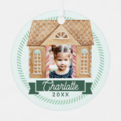 おもしろいの水色ジンジャーブレッドハウス写真キャンディケーン メタルオーナメント (正面)