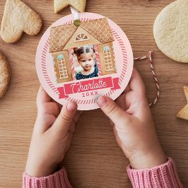 おもしろいの水色ジンジャーブレッドハウス写真キャンディケーン メタルオーナメント