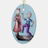 おもしろいの漫画のカップルのトレッドミルの男の子およびクッキーの女の子 セラミックオーナメント (左)