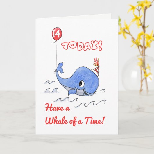 おもしろいの漫画のクジラおよび気球の第14バースデー・カード カード (黄色い花)