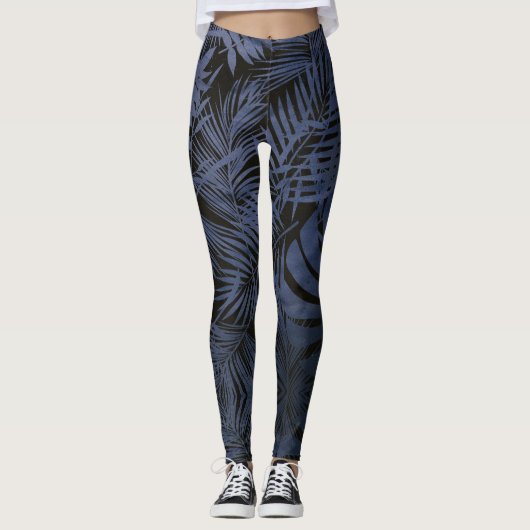 おもしろいの熱帯海軍のブルーパームの植物模様 レギンス (正面)