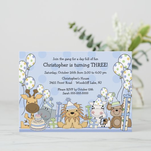 おもしろいの男の子のサファリ動物の誕生日 招待状 (スタンド正面)