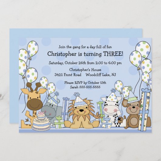 おもしろいの男の子のサファリ動物の誕生日 招待状 (正面/裏面)