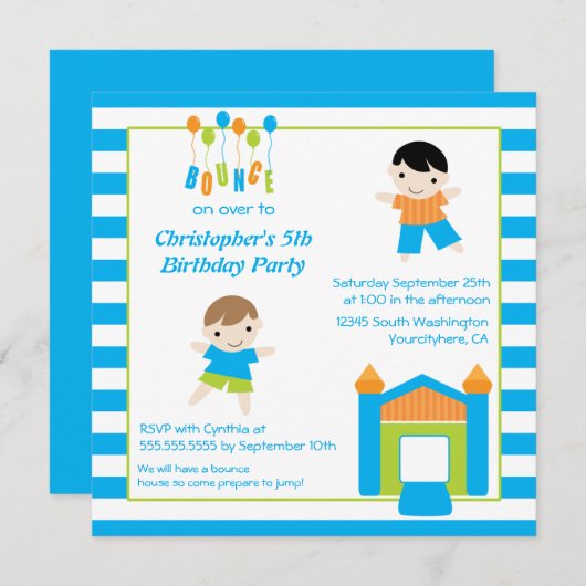おもしろいの男の子の跳ね上がりのホームパーティの誕生日の招待 招待状 (正面/裏面)
