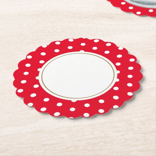 おもしろいの白い水玉模様が円形の明るい赤のリム ペーパーコースター (アングル)