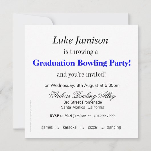 おもしろいの粋なモダンの2013年の卒業生のボーリングのパーティー|の青 招待状 (裏面)