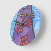 おもしろいの紫色の開花した猫 ラウンド壁時計 (傾斜)