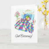 おもしろいの緑カエルは健康なすぐにドイツの挨拶を得ます カード (黄色い花)