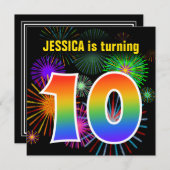 おもしろいの花火 + 虹パターン"10"誕生日# 招待状 (正面/裏面)