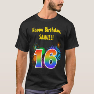 おもしろいの花火 + 虹パターン"16"誕生日# Tシャツ