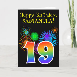 おもしろいの花火 + 虹パターン"19"誕生日# カード