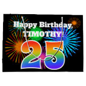 おもしろいの花火 + 虹パターン"25"誕生日# ラージペーパーバッグ (裏面)