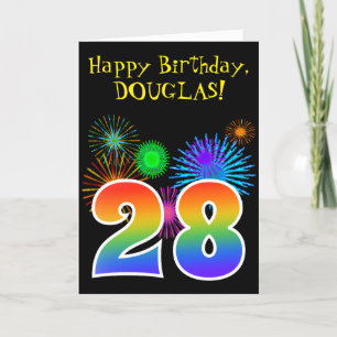 おもしろいの花火 + 虹パターン"28"誕生日# カード
