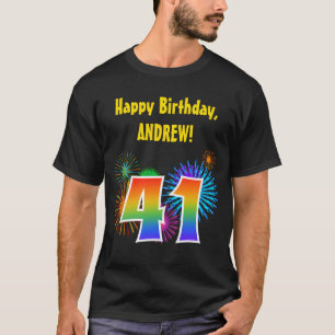 おもしろいの花火 + 虹パターン"41"誕生日# Tシャツ