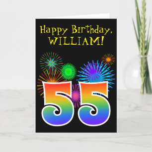 おもしろいの花火 + 虹パターン"55"誕生日# カード
