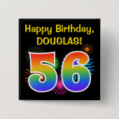 おもしろいの花火 + 虹パターン"56"誕生日# 缶バッジ (正面)