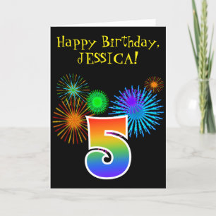 おもしろいの花火 + 虹パターン"5"誕生日# カード