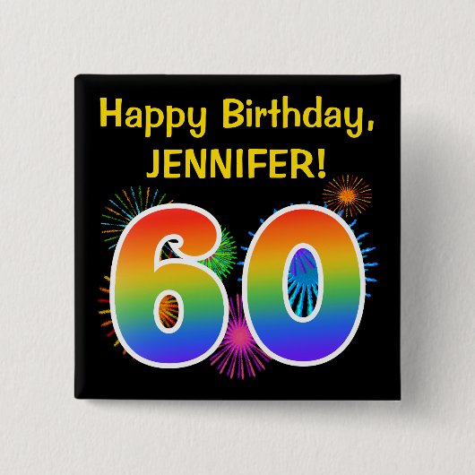 おもしろいの花火 + 虹パターン"60"誕生日# 缶バッジ (正面)