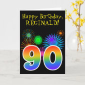 おもしろいの花火 + 虹パターン"90"誕生日# カード (黄色い花)
