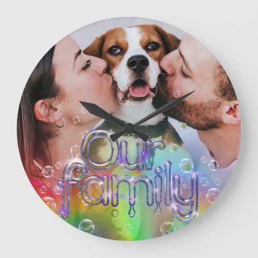 おもしろいの虹のバブルをテーマに自分の写真を追加 ラージ壁時計 (正面)
