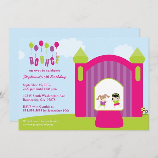 おもしろいの跳ね上がりの家の女の子の誕生日のパーティの招待状 招待状 (正面/裏面)