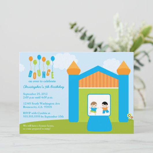 おもしろいの跳ね上がりの家の男の子の誕生日のパーティの招待状 招待状 (スタンド正面)